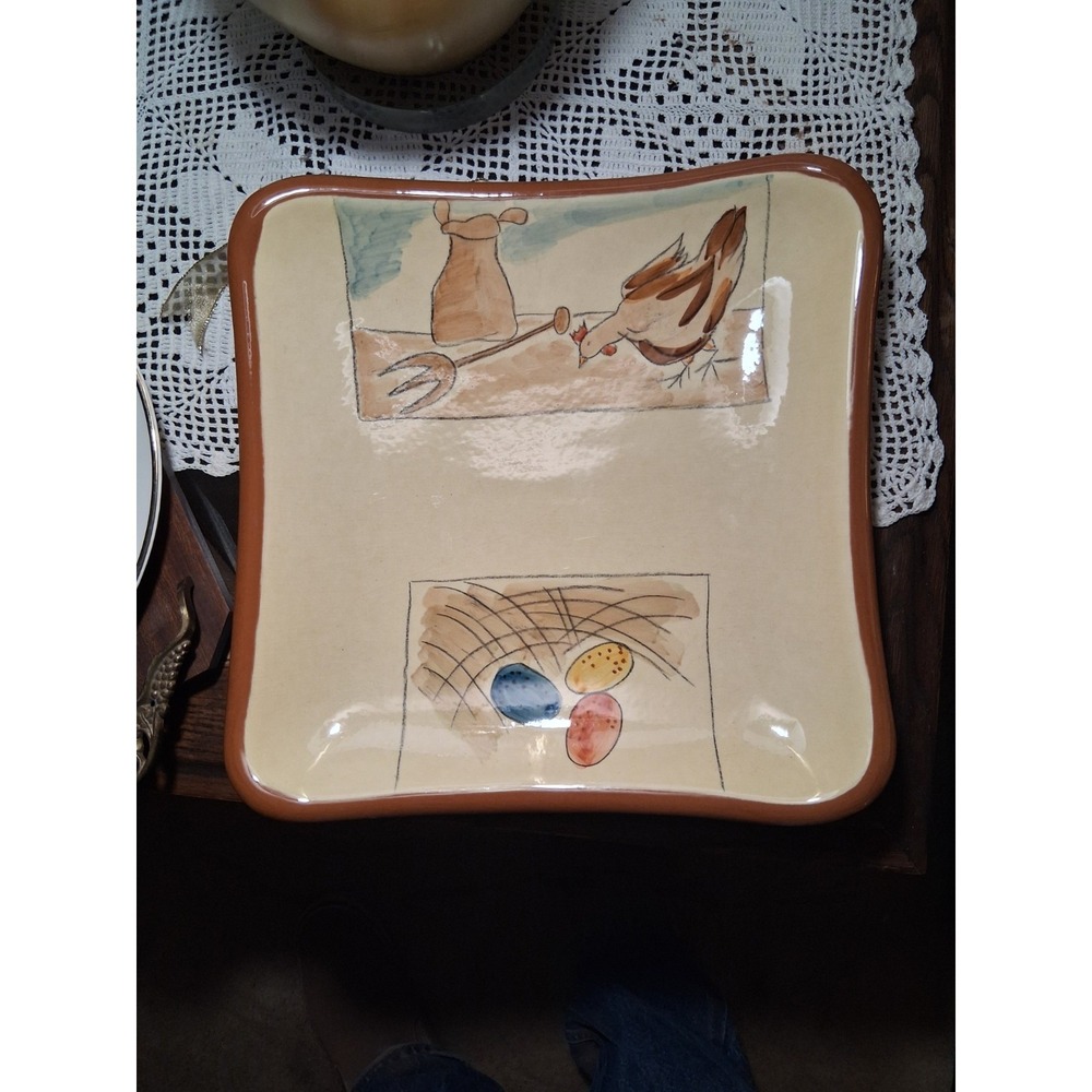 Studio Nova Square Platter Farm Hen & Nest Hand Painted Ceramic 12" Country Chic